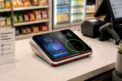 Inffitech PRM-0015 palm biometric terminal used for retail checkout, access control, attendance or tolling in daily use